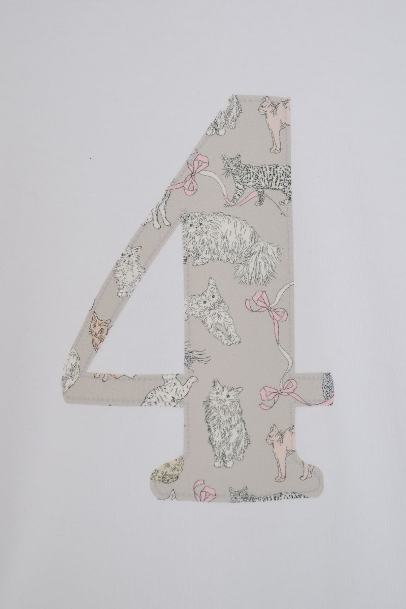 A decorative cut out number 4 featuring a vintage-style pattern of cats in black and white with pink bows, set against a solid light grey background.