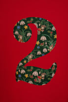 A large Liberty fabric number 2 filled with a dark green fabric pattern featuring white snowdrops, small fairy elves, and yellow stars, set against a solid bright red background.