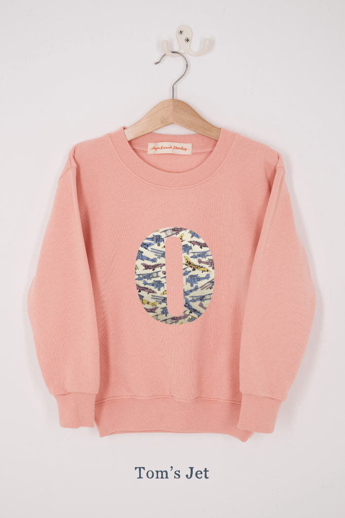 A pink personalised sweatshirt with an initial sewn on to the front. The initial is made from liberty print featuring vintage jet planes.