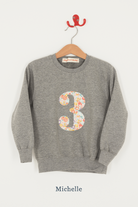 A birthday grey sweatshirt with a number 3 on in Betsy floral Liberty fabric.