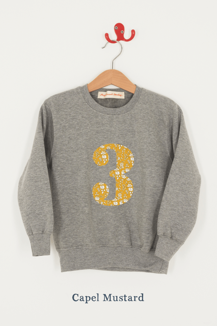 A birthday grey sweatshirt with a number 3 on in Capel floral Liberty fabric.