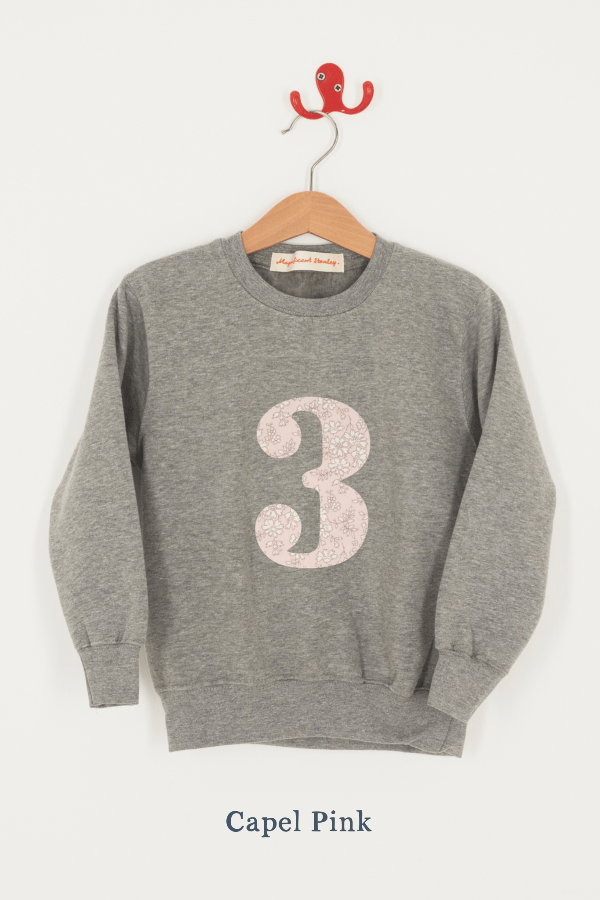 A birthday grey sweatshirt with a number 3 on in Capel Pink Liberty fabric.