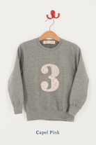 A birthday grey sweatshirt with a number 3 on in Capel Pink Liberty fabric.