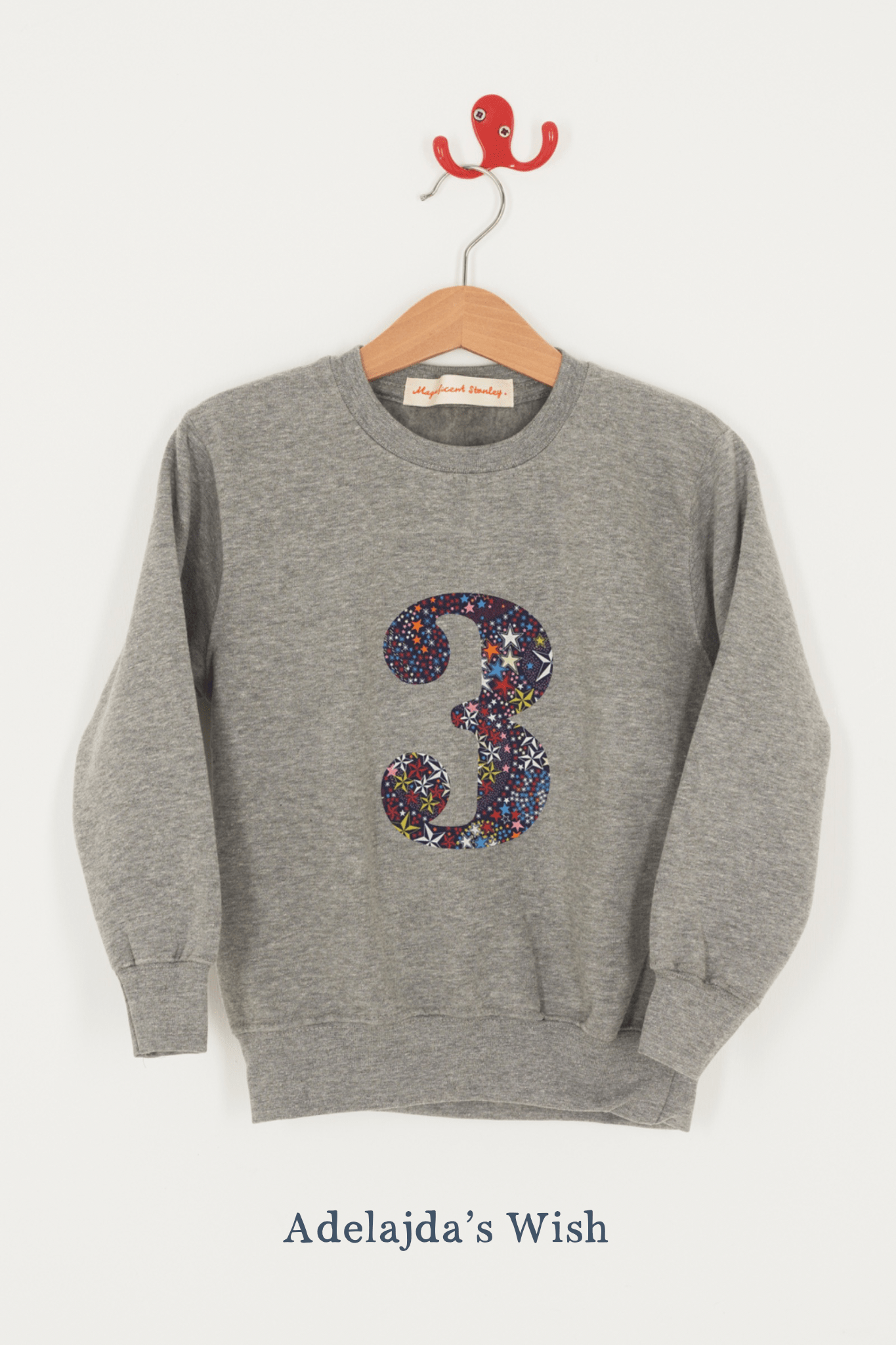 A birthday grey sweatshirt with a number 3 on in Adelajda star Liberty fabric.