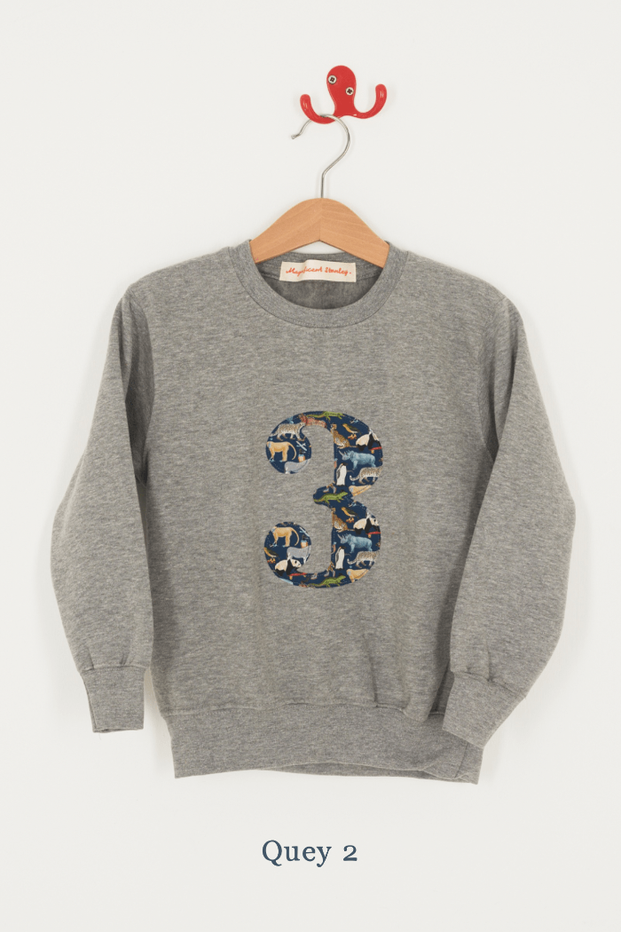 A birthday grey sweatshirt with a number 3 on in Quey zoo animal Liberty fabric.