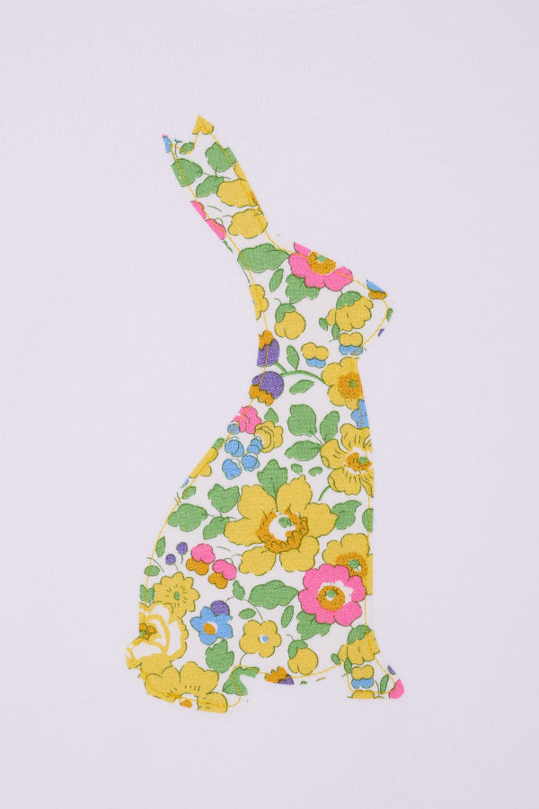 a white cotton t-shirt with a floral Betsy liberty print bunny on the front.