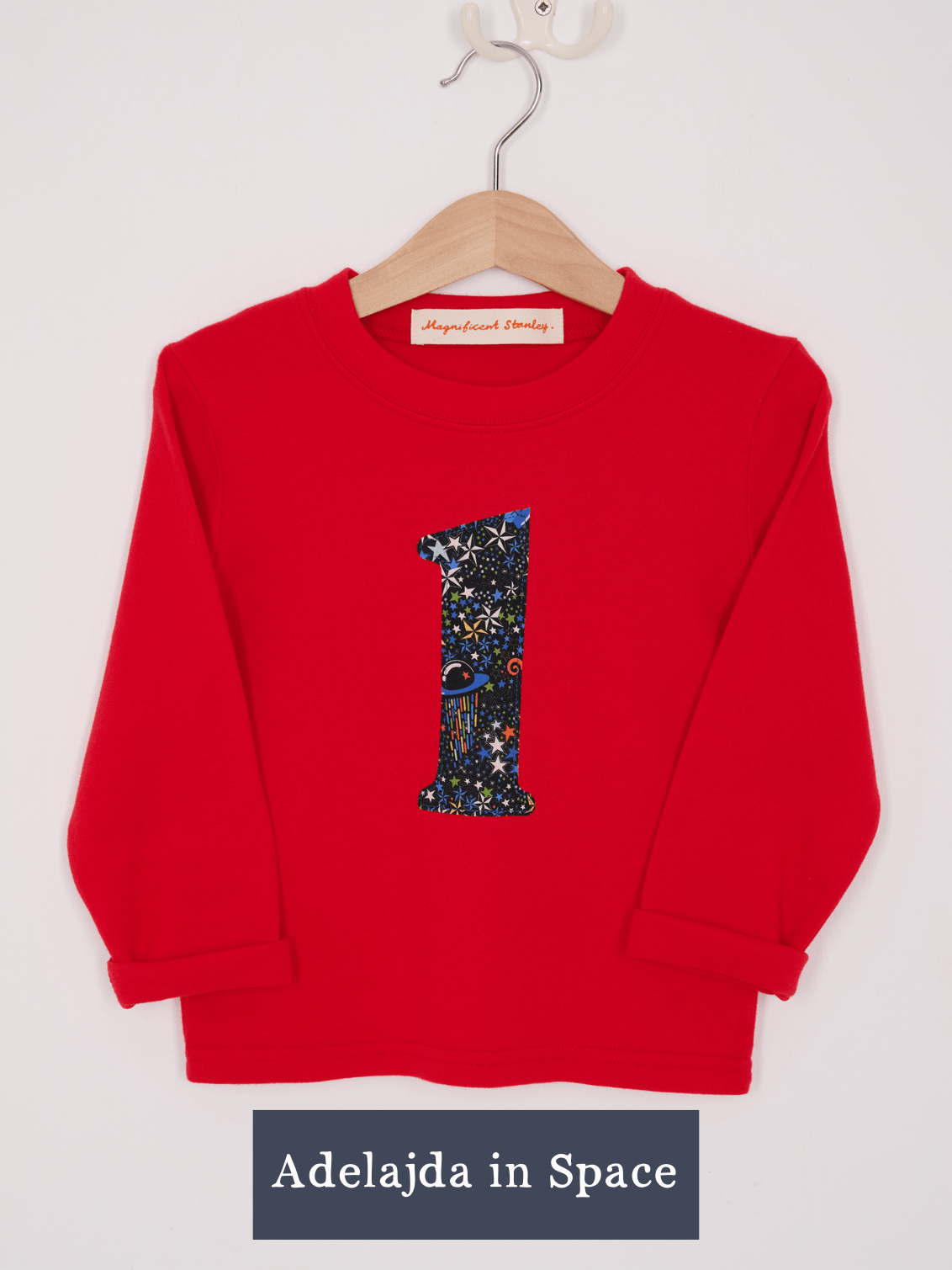 a Magnificent Stanley long sleeve Red birthday T-Shirt with the number 1 on the front in Adelajda space Liberty Print