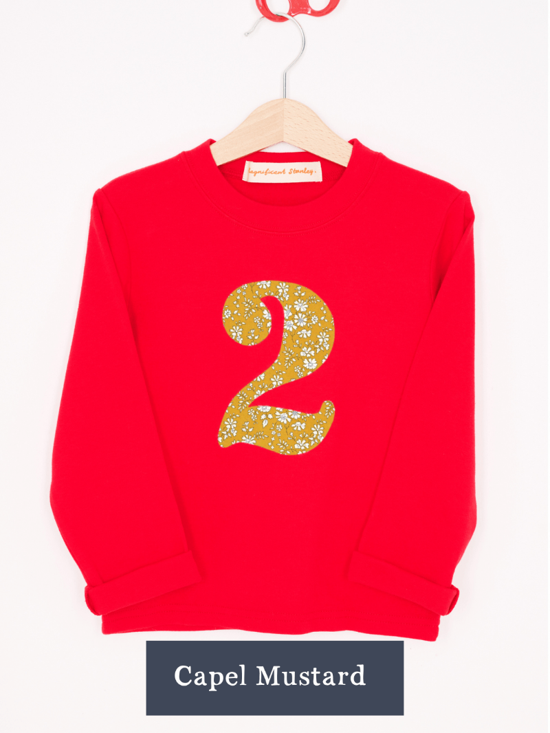 a Magnificent Stanley long sleeve Red birthday T-Shirt with the number 2 on the front in capel mustard floral Liberty Print