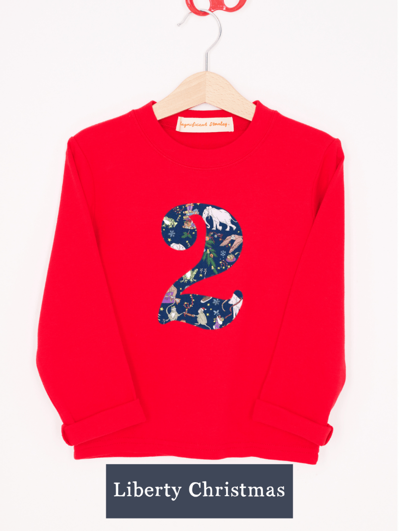 a Magnificent Stanley long sleeve Red birthday T-Shirt with the number 2 on the front in Liberty Christmas Liberty Print
