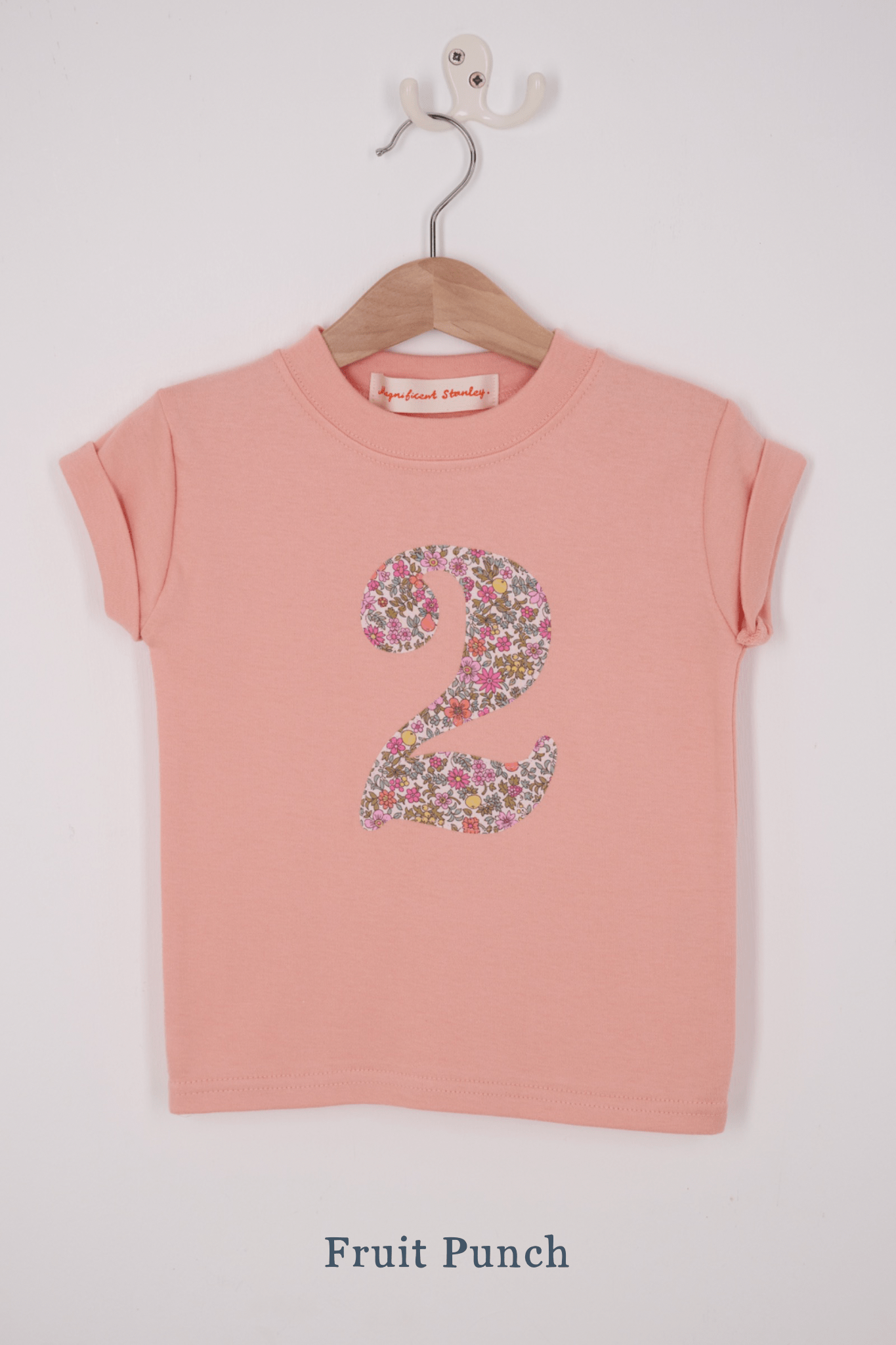 A pink birthday t-shirt with a number 2 on in Liberty floral print.
