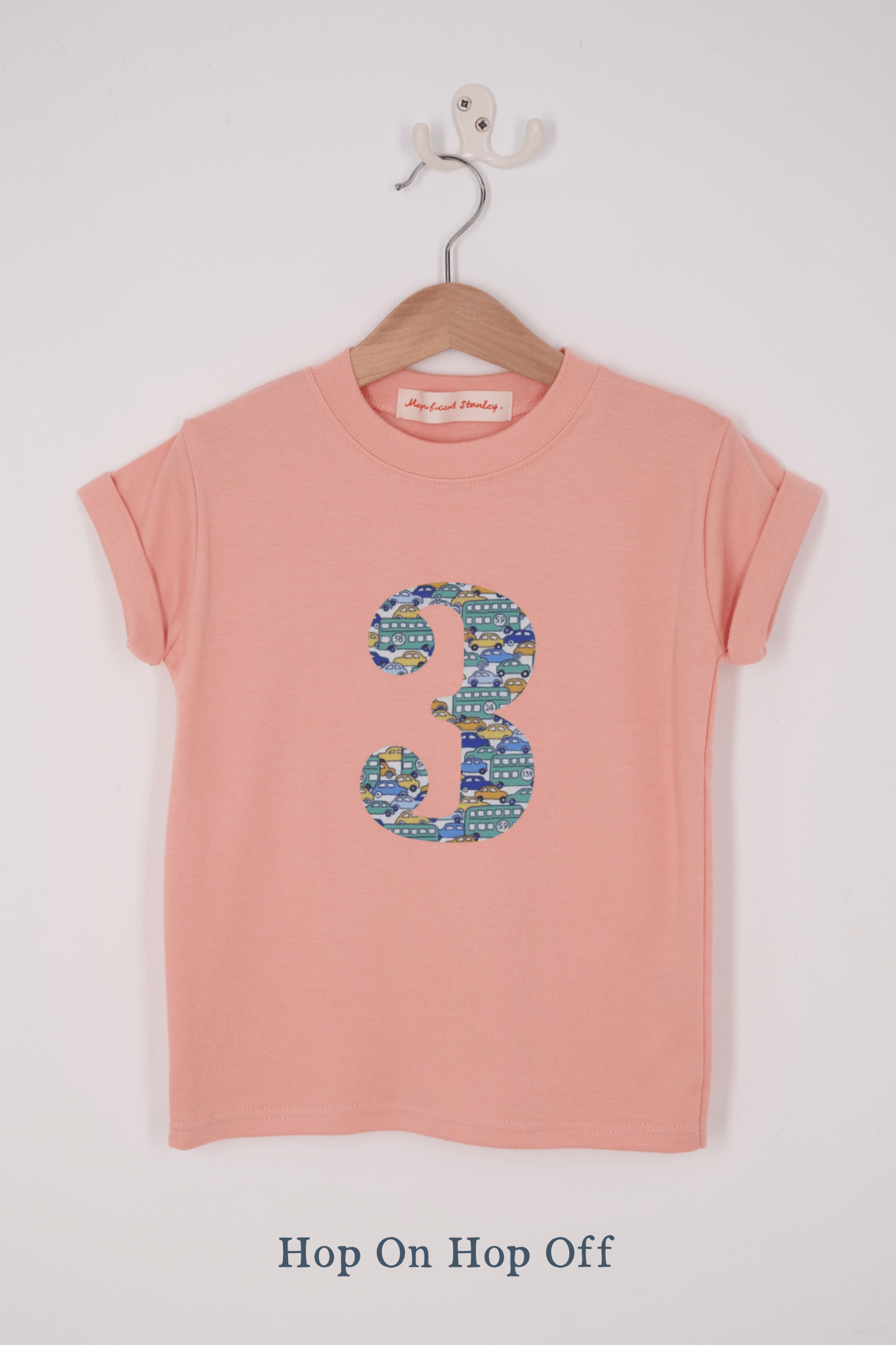 A pink birthday t-shirt with a number 3 on in Liberty cars print.