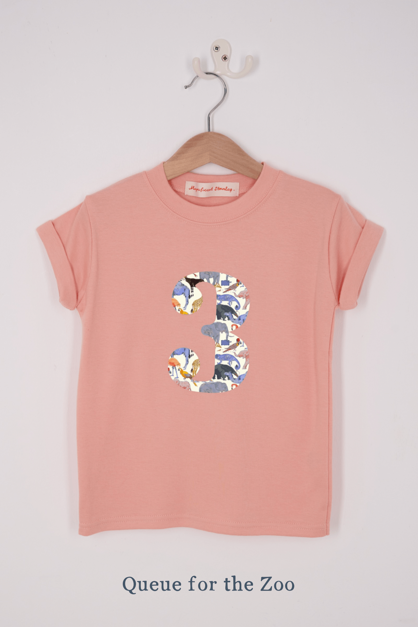 A pink birthday t-shirt with a number 3 on in Liberty zoo animal print.