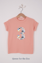 A pink birthday t-shirt with a number 3 on in Liberty zoo animal print.