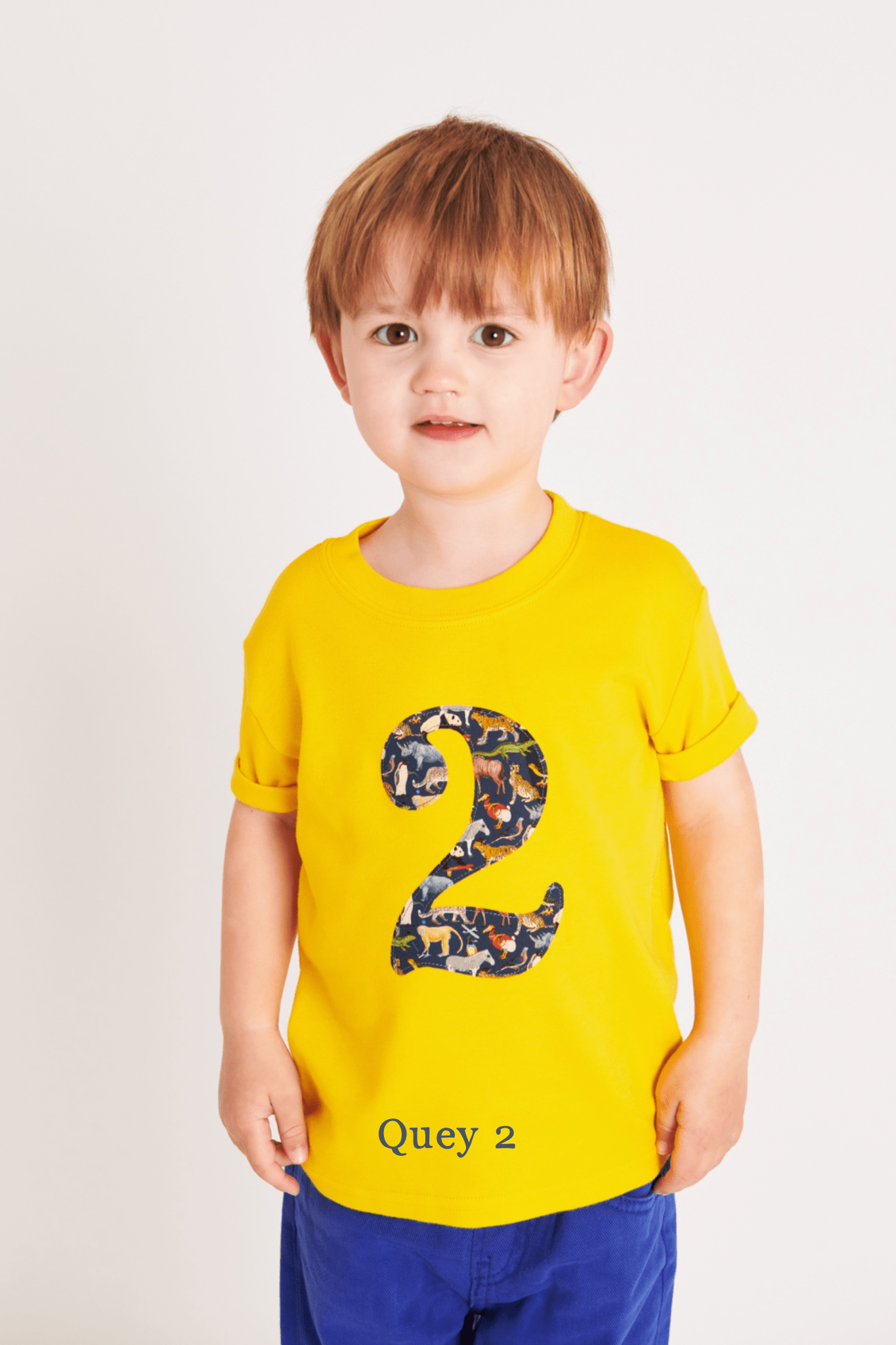 a yellow birthday t-shirt with a number 2 cut from quey 2 liberty animal print on the front.