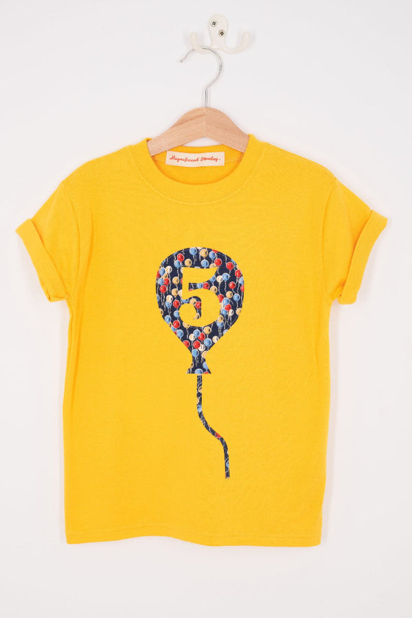 a Yellow T-Shirt with a Number 5 Balloon on the front made in balloon Liberty Print