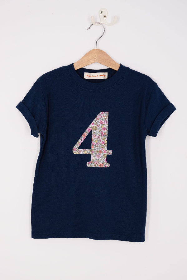 a Magnificent Stanley kids Number Navy T-Shirt in Fruit Punch Liberty Print.