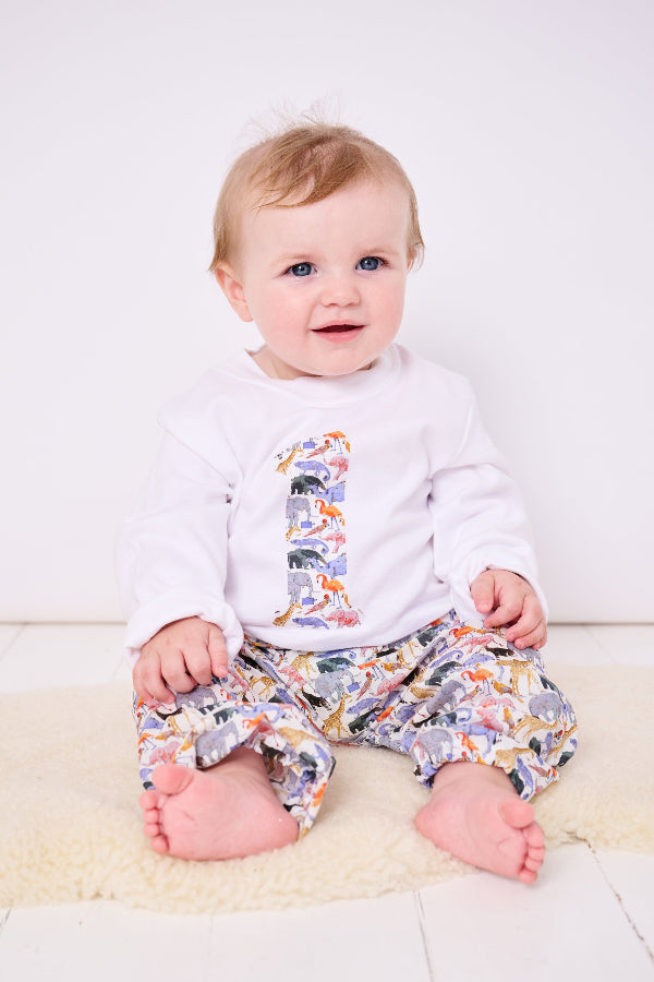 A 1 year old on their first birthday wearing a white cotton t-shirt with a zoo animal number 1 on the front.