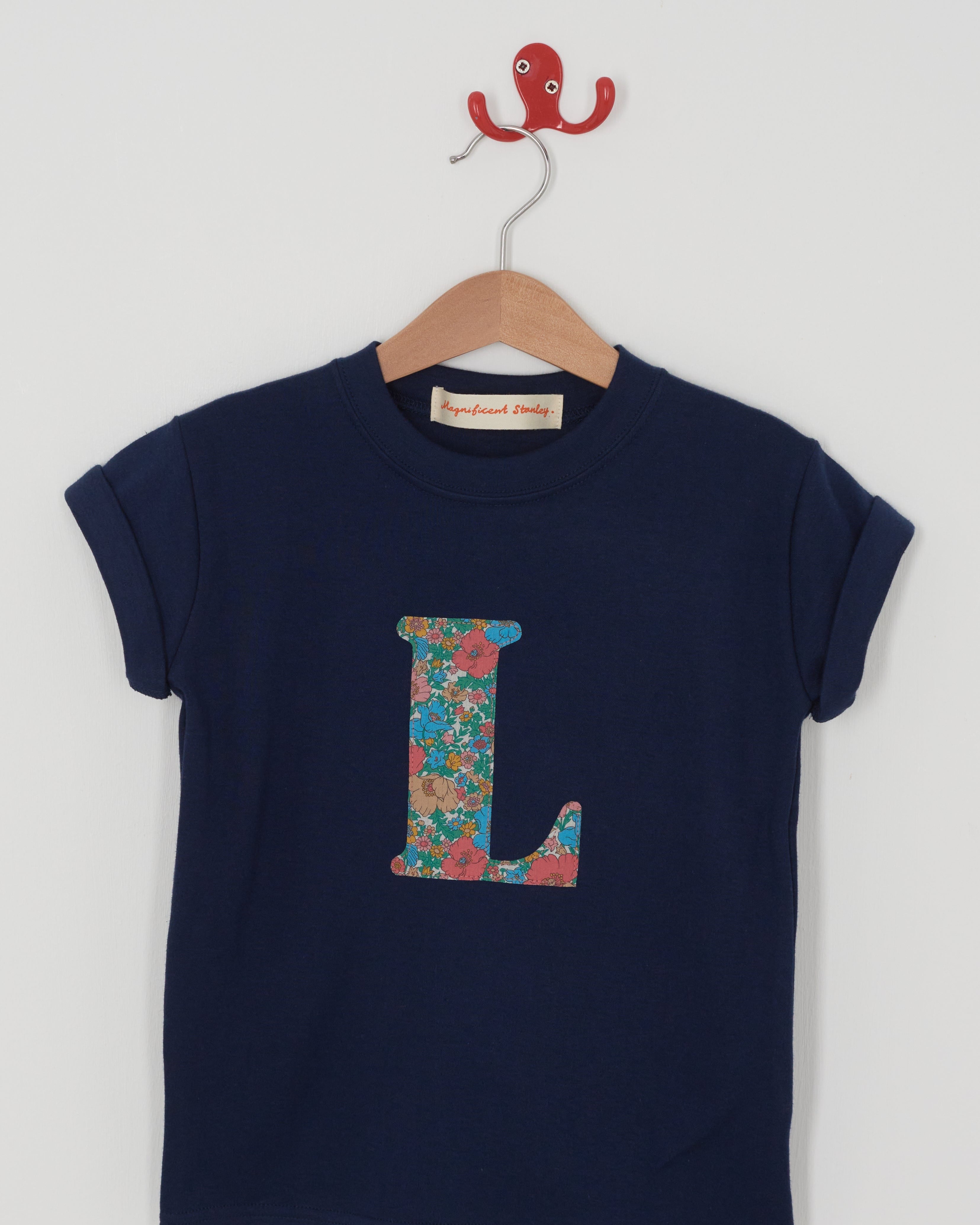 Magnificent Stanley Tee Personalised Navy T-Shirt in Meadow Song Liberty Print