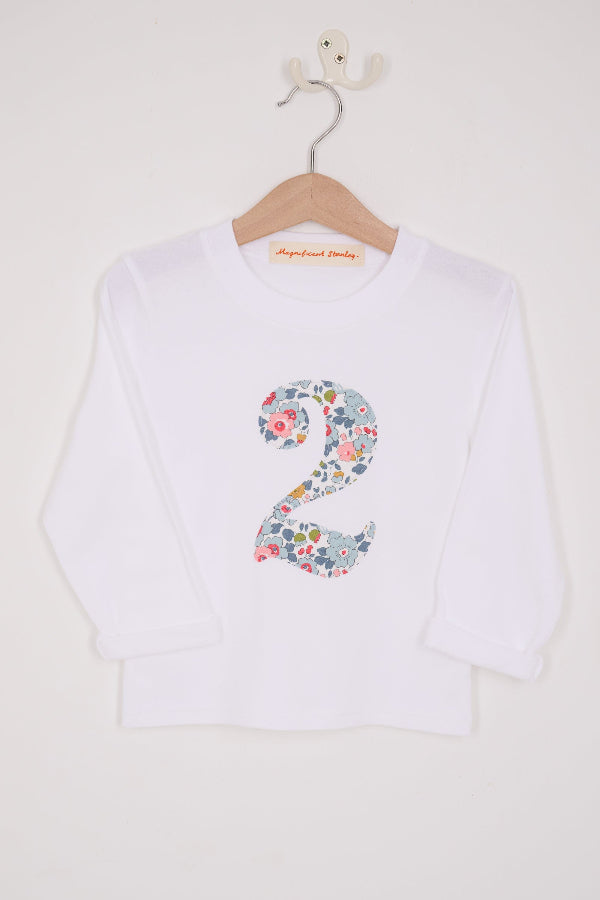 a white kids t-shirt with the number 2 in Betsy Grey Liberty Print.