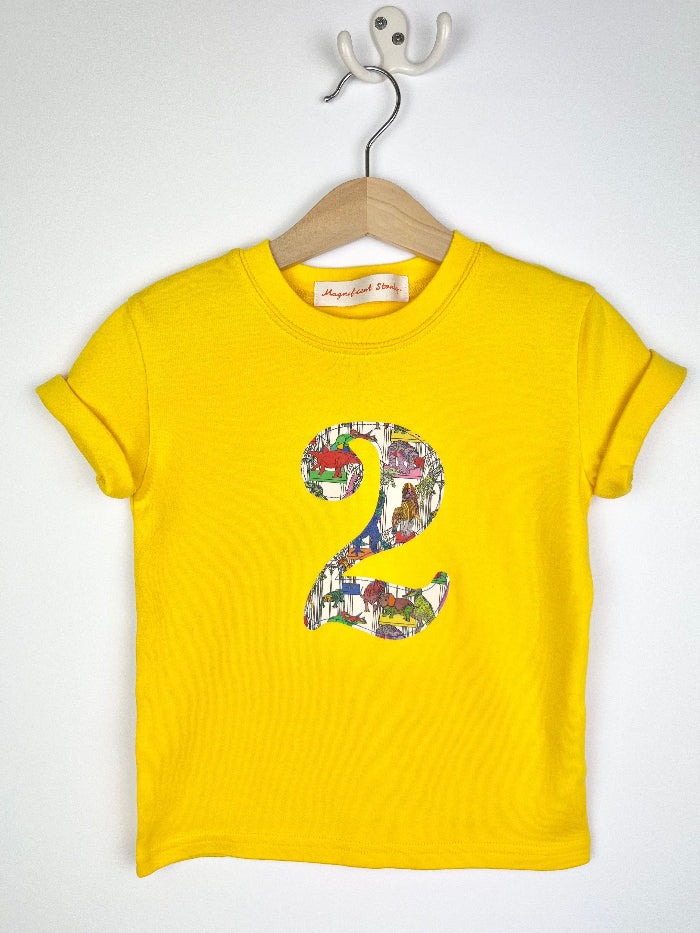 a birthday Number 2 Yellow cotton T-Shirt in Dinosaur Liberty Print.