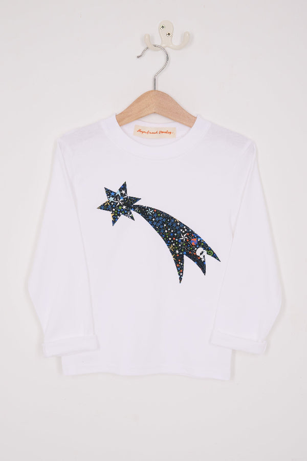 A white cotton tee with a Shooting Star made from space liberty print on the front