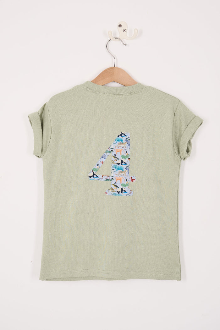 Green t-shirt with number 4 and shark design on a hanger against a white background