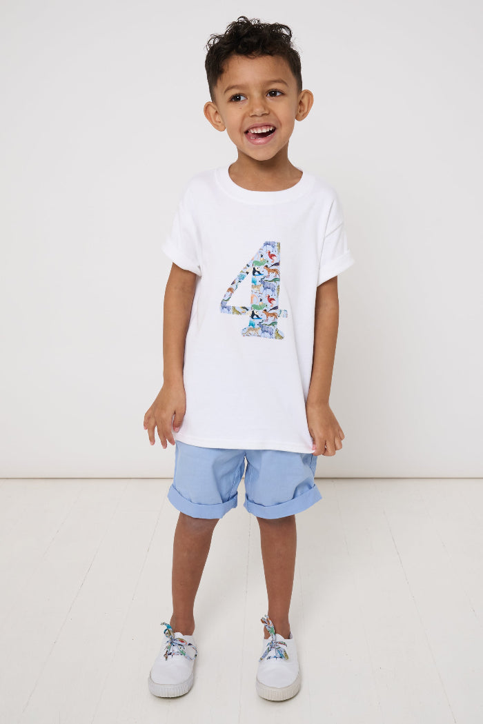A 4 year old birthday boy wearing a white cotton t-shirt with the number 4 sewn on the front cut from liberty Quey 2 zoo animal print.