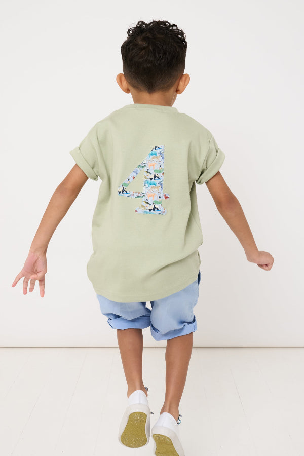 a 4 year old boy wearing a sage green t-shirt with a large number 4 on the front cut from zoo animal Liberty print