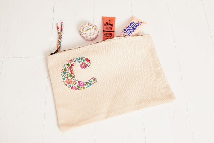 Magnificent Stanley Personalised Liberty print pouches with initials sewn on them. Teacher gifts as a make up bag.