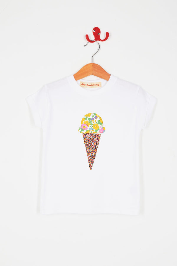  a white cotton summer t-shirt with a liberty floral ice cream sewn on the front