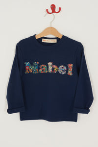 Magnificent Stanley Tee Lowercase Name Navy T-Shirt in Mixed Liberty Prints