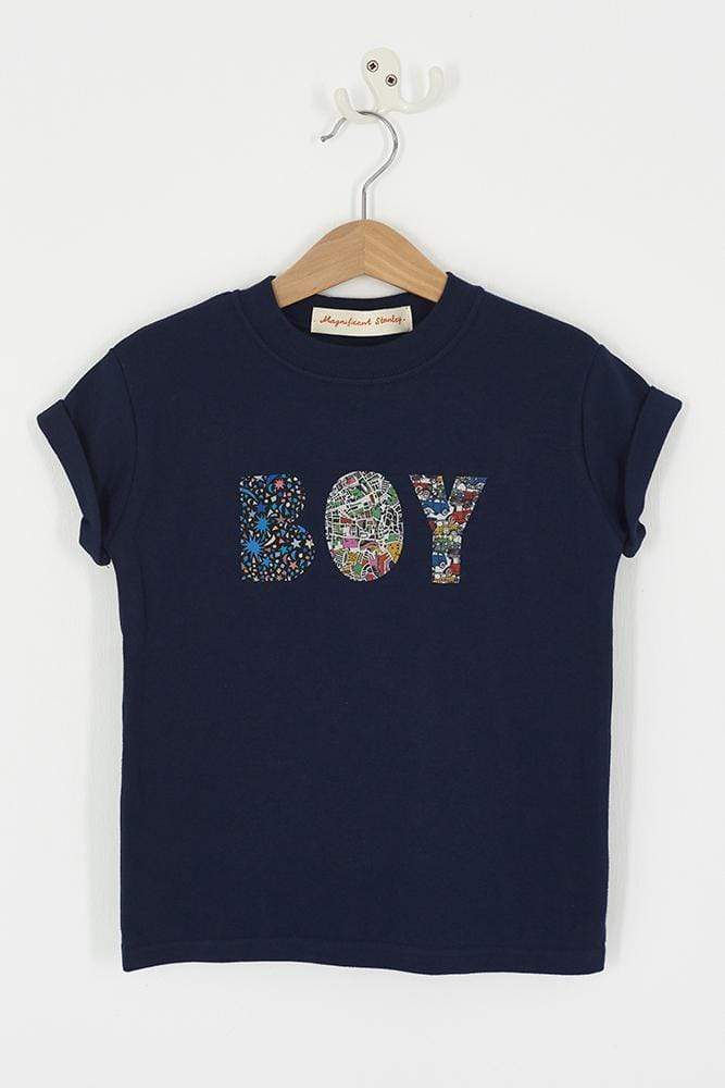 A navy t-shirt with a name on in mixed Liberty fabrics.