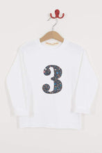 Load image into Gallery viewer, Number White T-Shirt in Fizz Pop Black Liberty Print