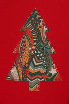 A festive red cotton t-shirt with a Christmas tree made from a stray liberty print on the front. 
